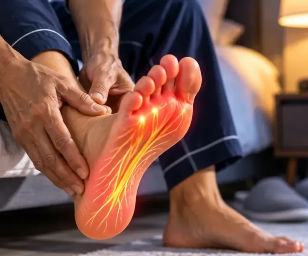 Person holding the sole of the foot at night, a common way burning nerve discomfort is described in diabetic neuropathy