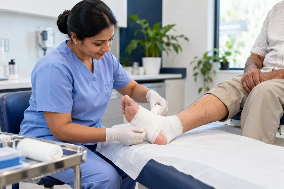 Clinician in gloves gently bandaging a patient's foot in a calm outpatient clinic