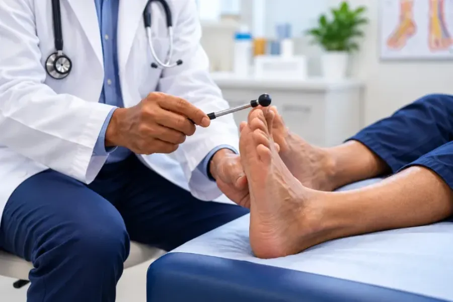 Consultant testing foot reflexes and sensation during a diabetic nerve assessment